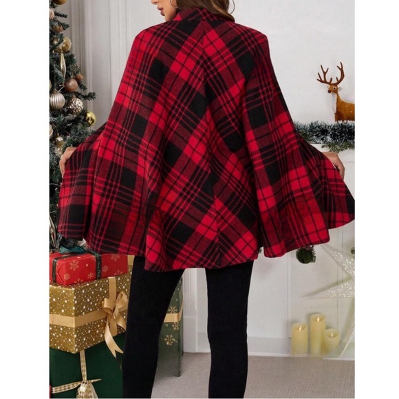 Red Plaid Holiday Cloak Sleeve Gold Button Cape - Picture 4 of 4